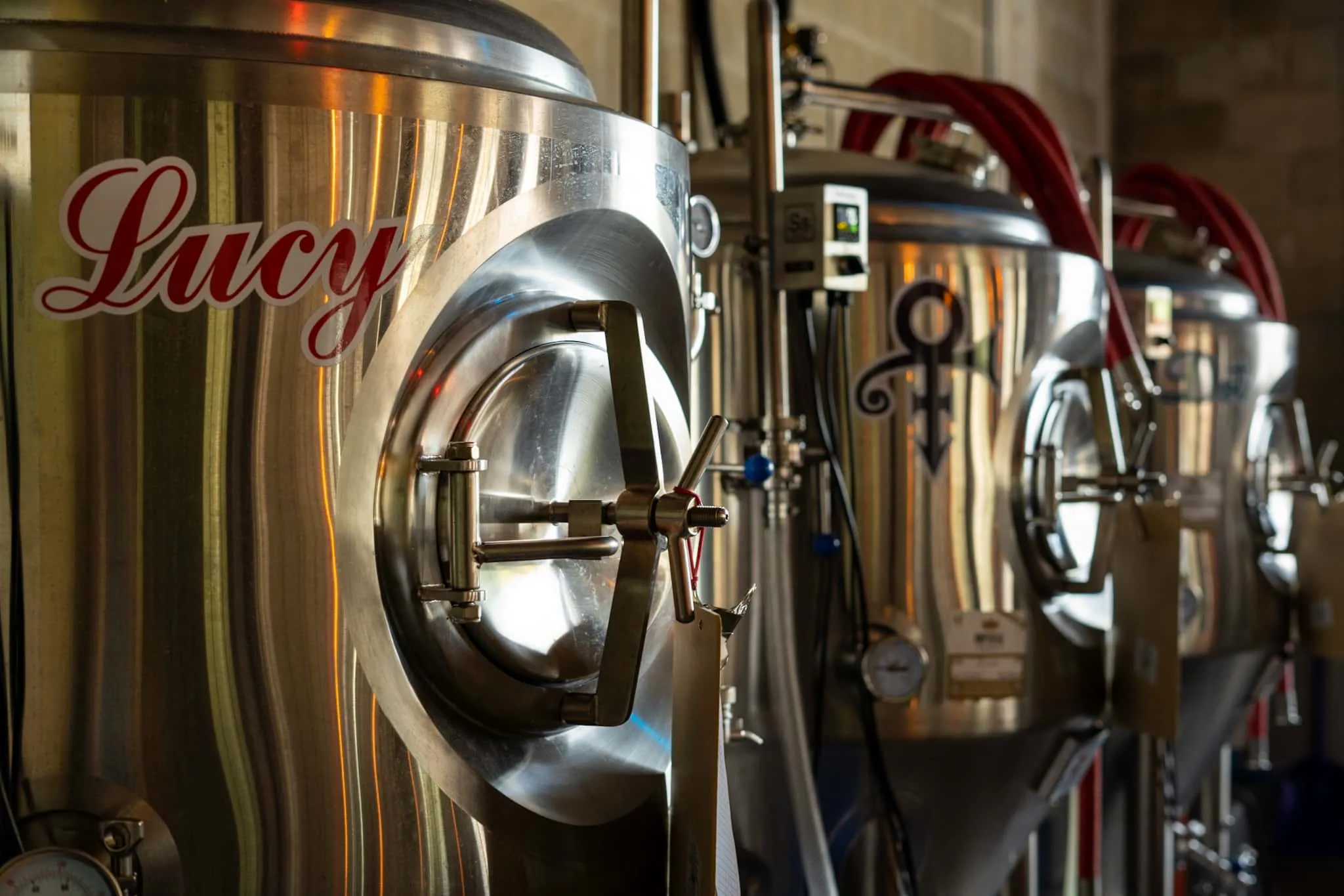 Small-batch brewing tanks at Dented Keg Ale Works